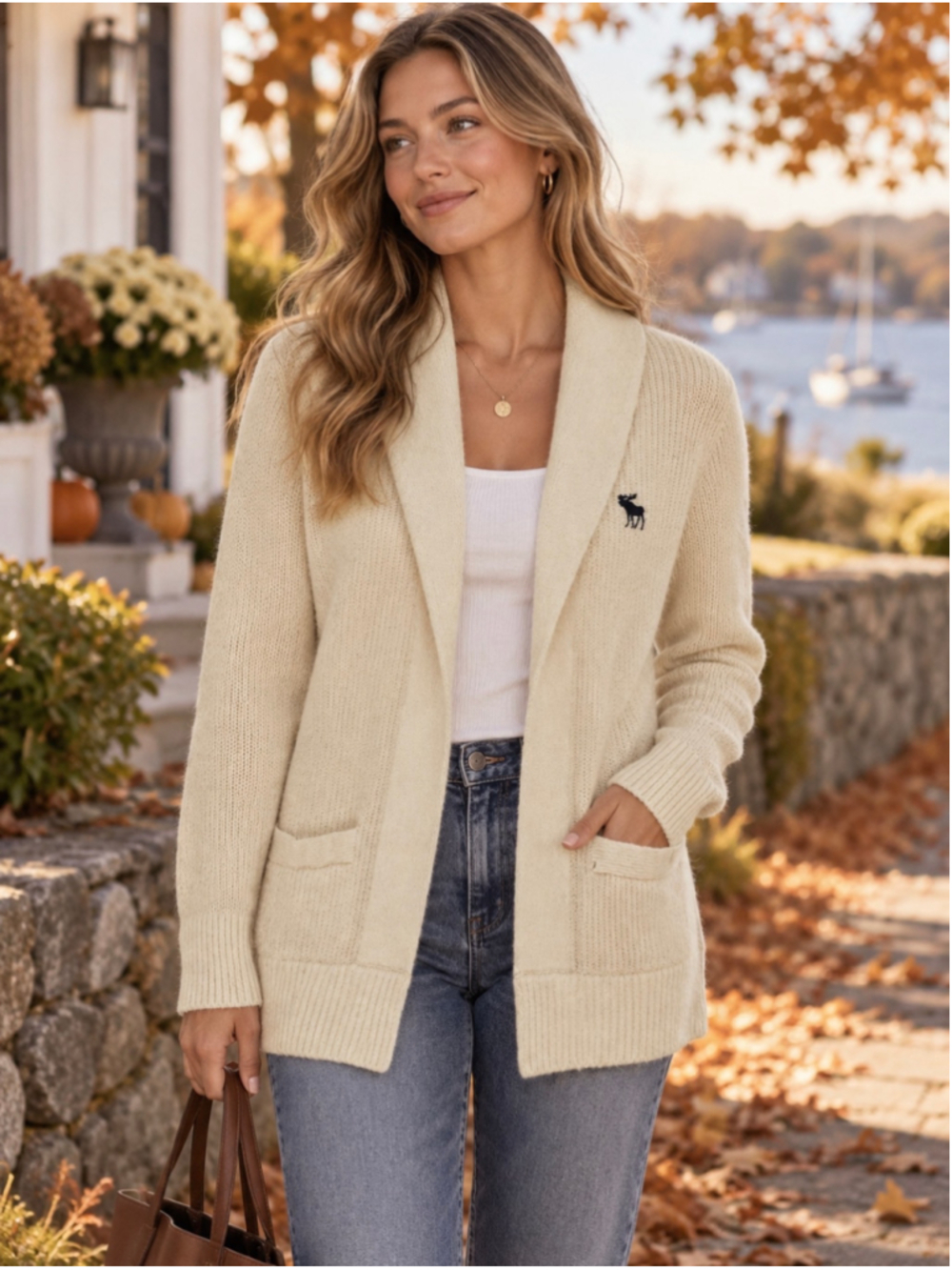 Abercrombie & Fitch Women’s L Cream Wool Blend Shawl Collar Cardigan Moose